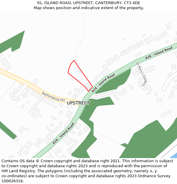 91, ISLAND ROAD, UPSTREET, CANTERBURY, CT3 4DE: Location map and indicative extent of plot