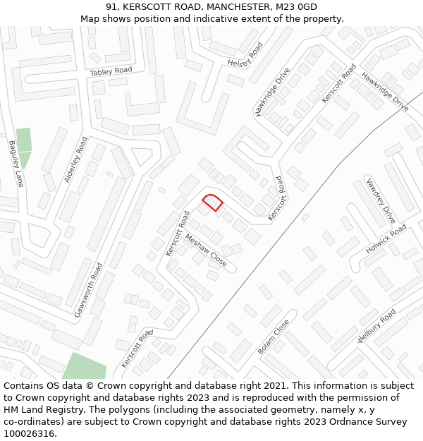 91, KERSCOTT ROAD, MANCHESTER, M23 0GD: Location map and indicative extent of plot
