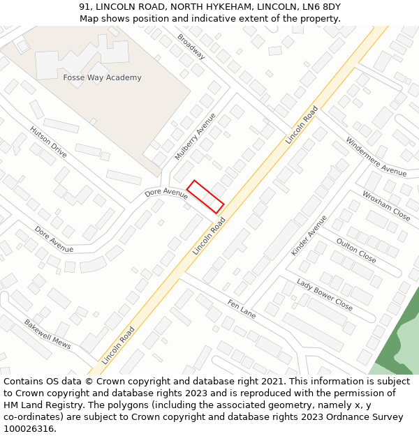 91, LINCOLN ROAD, NORTH HYKEHAM, LINCOLN, LN6 8DY: Location map and indicative extent of plot