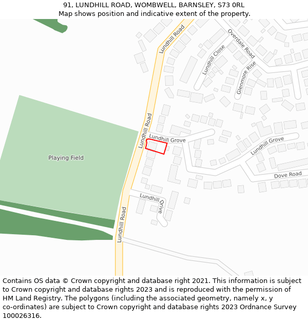 91, LUNDHILL ROAD, WOMBWELL, BARNSLEY, S73 0RL: Location map and indicative extent of plot