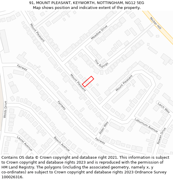 91, MOUNT PLEASANT, KEYWORTH, NOTTINGHAM, NG12 5EG: Location map and indicative extent of plot