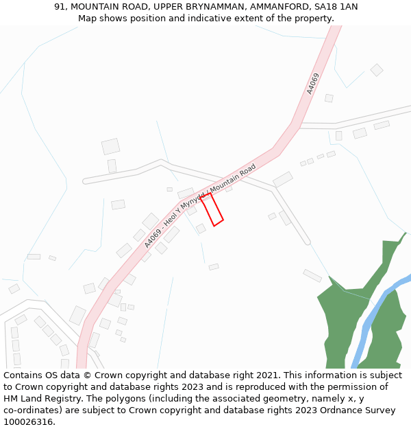 91, MOUNTAIN ROAD, UPPER BRYNAMMAN, AMMANFORD, SA18 1AN: Location map and indicative extent of plot