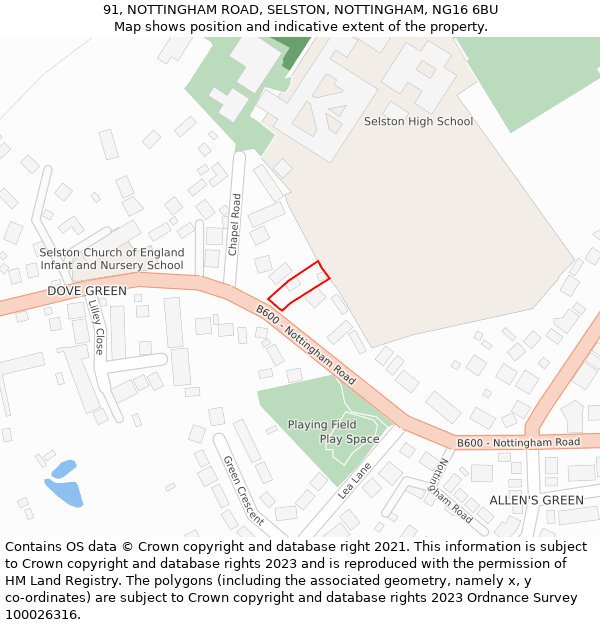 91, NOTTINGHAM ROAD, SELSTON, NOTTINGHAM, NG16 6BU: Location map and indicative extent of plot