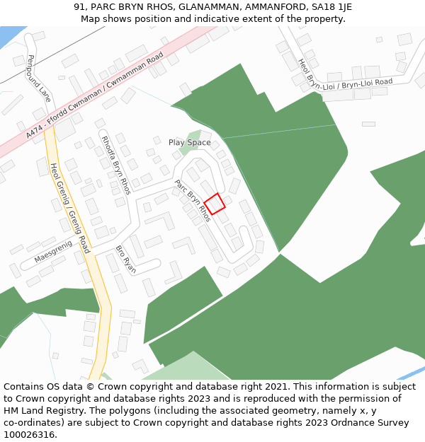 91, PARC BRYN RHOS, GLANAMMAN, AMMANFORD, SA18 1JE: Location map and indicative extent of plot