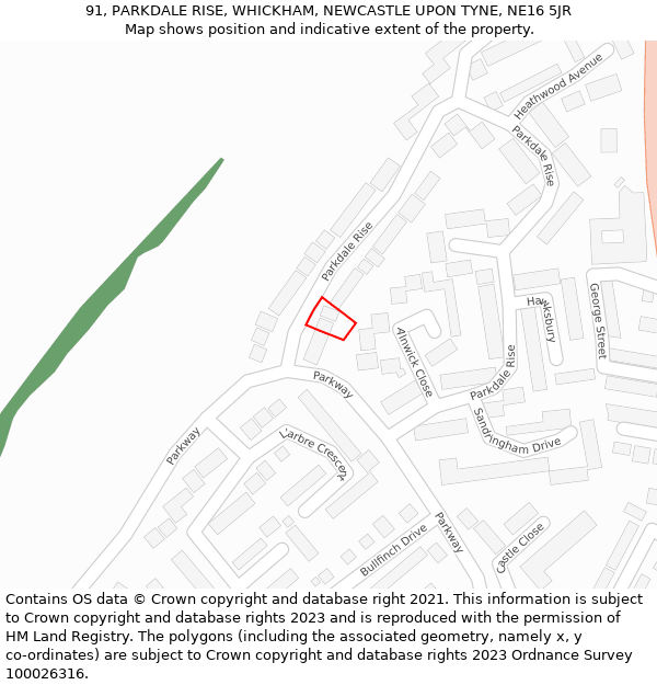 91, PARKDALE RISE, WHICKHAM, NEWCASTLE UPON TYNE, NE16 5JR: Location map and indicative extent of plot