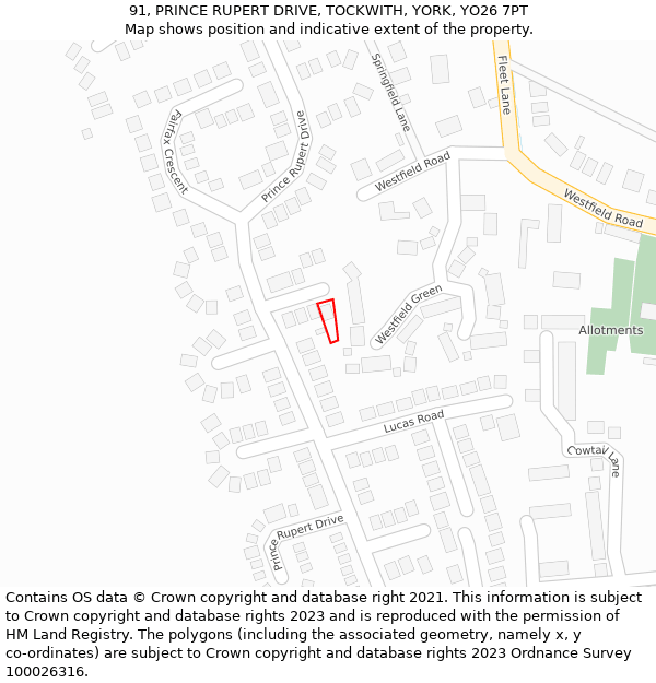 91, PRINCE RUPERT DRIVE, TOCKWITH, YORK, YO26 7PT: Location map and indicative extent of plot