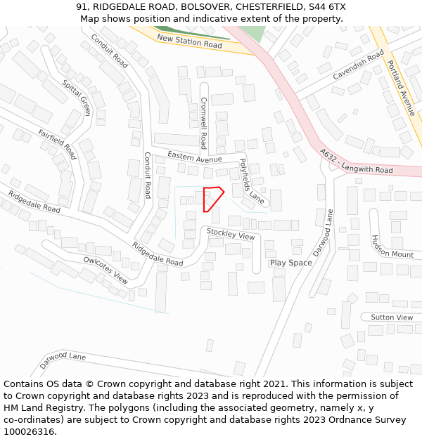 91, RIDGEDALE ROAD, BOLSOVER, CHESTERFIELD, S44 6TX: Location map and indicative extent of plot