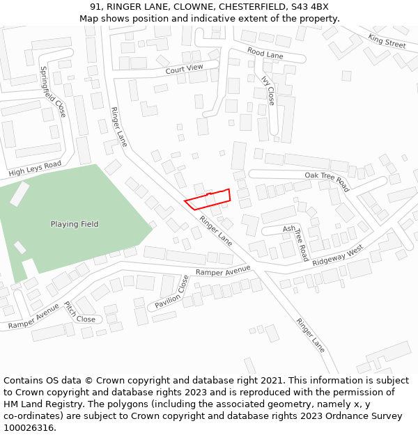 91, RINGER LANE, CLOWNE, CHESTERFIELD, S43 4BX: Location map and indicative extent of plot