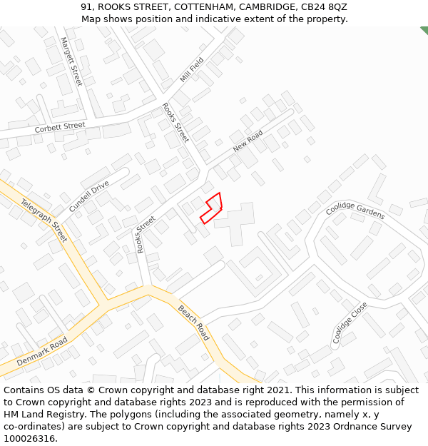 91, ROOKS STREET, COTTENHAM, CAMBRIDGE, CB24 8QZ: Location map and indicative extent of plot