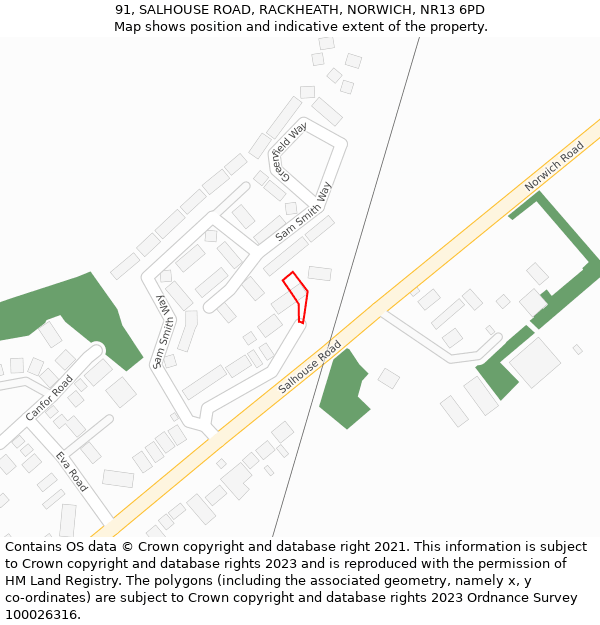 91, SALHOUSE ROAD, RACKHEATH, NORWICH, NR13 6PD: Location map and indicative extent of plot