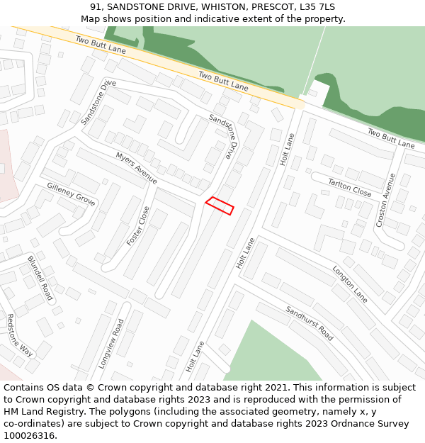 91, SANDSTONE DRIVE, WHISTON, PRESCOT, L35 7LS: Location map and indicative extent of plot