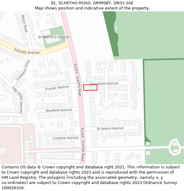 91, SCARTHO ROAD, GRIMSBY, DN33 2AE: Location map and indicative extent of plot