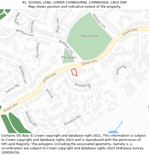 91, SCHOOL LANE, LOWER CAMBOURNE, CAMBRIDGE, CB23 5DR: Location map and indicative extent of plot