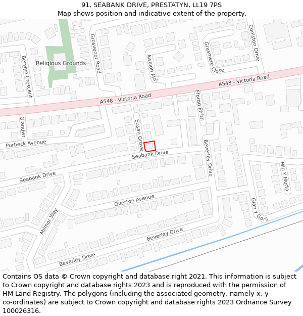 91, SEABANK DRIVE, PRESTATYN, LL19 7PS: Location map and indicative extent of plot