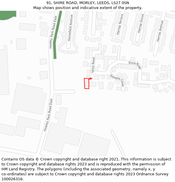 91, SHIRE ROAD, MORLEY, LEEDS, LS27 0SN: Location map and indicative extent of plot