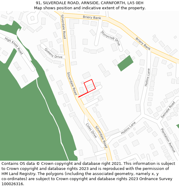 91, SILVERDALE ROAD, ARNSIDE, CARNFORTH, LA5 0EH: Location map and indicative extent of plot