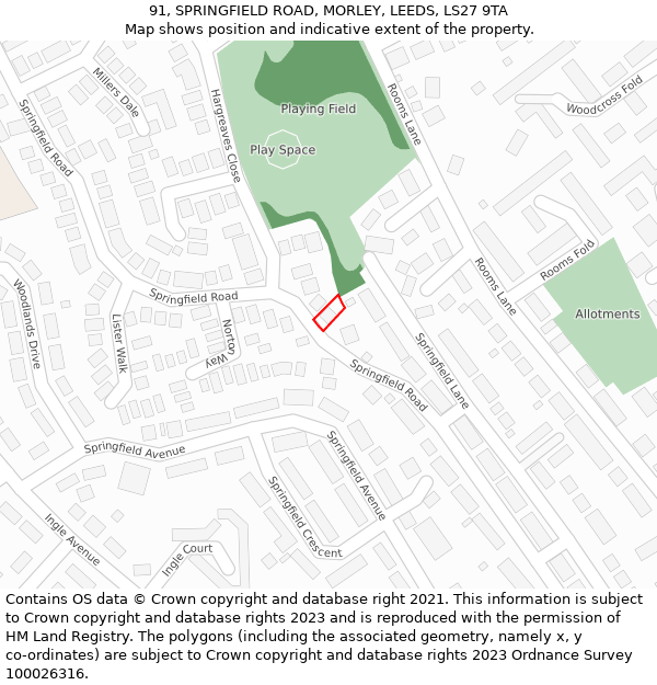 91, SPRINGFIELD ROAD, MORLEY, LEEDS, LS27 9TA: Location map and indicative extent of plot