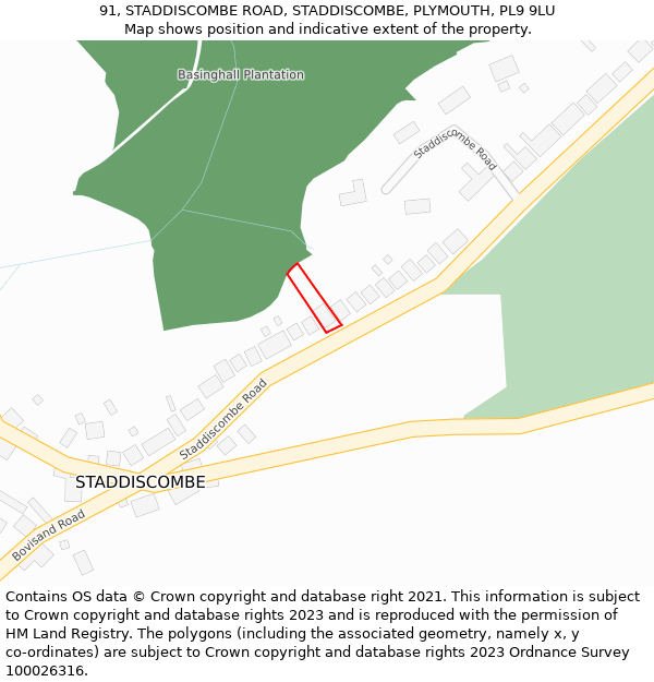 91, STADDISCOMBE ROAD, STADDISCOMBE, PLYMOUTH, PL9 9LU: Location map and indicative extent of plot