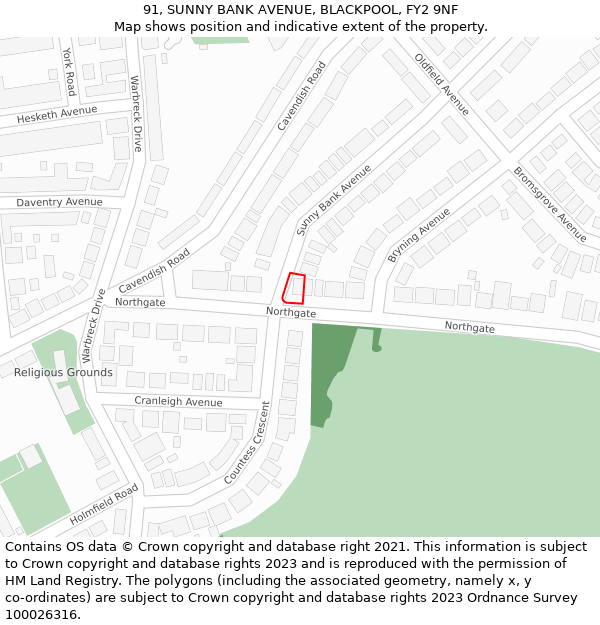 91, SUNNY BANK AVENUE, BLACKPOOL, FY2 9NF: Location map and indicative extent of plot