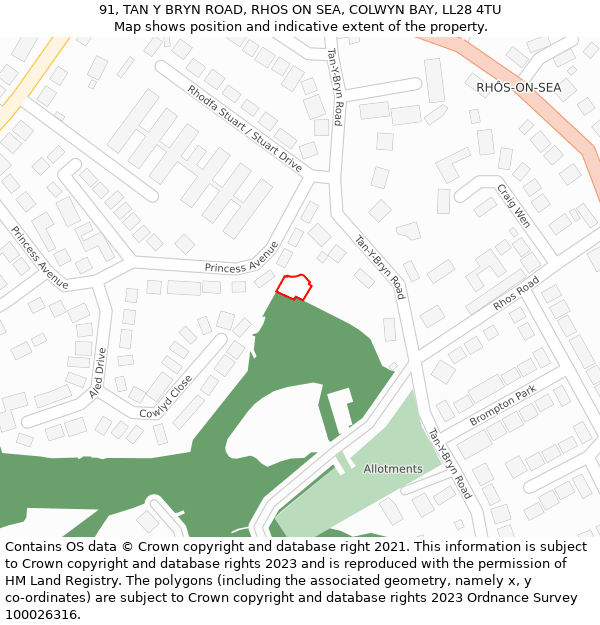 91, TAN Y BRYN ROAD, RHOS ON SEA, COLWYN BAY, LL28 4TU: Location map and indicative extent of plot