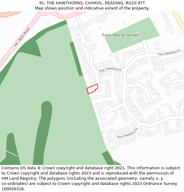 91, THE HAWTHORNS, CHARVIL, READING, RG10 9TT: Location map and indicative extent of plot