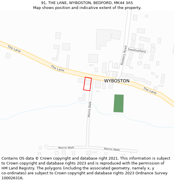 91, THE LANE, WYBOSTON, BEDFORD, MK44 3AS: Location map and indicative extent of plot