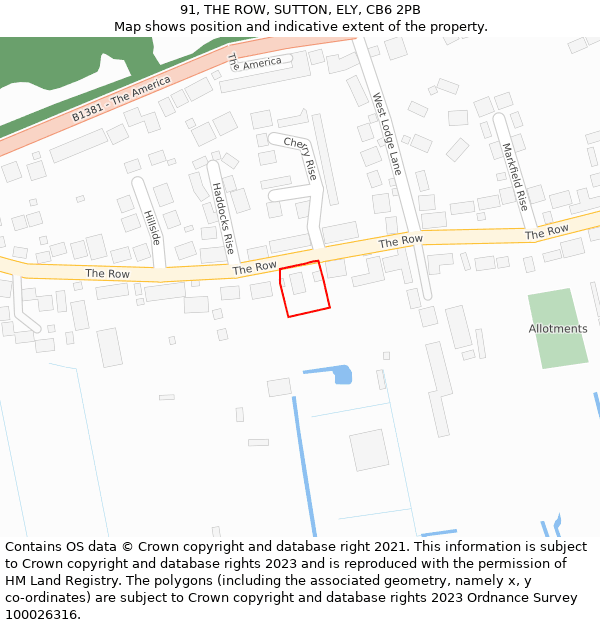 91, THE ROW, SUTTON, ELY, CB6 2PB: Location map and indicative extent of plot