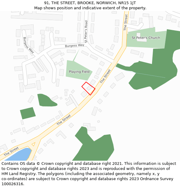 91, THE STREET, BROOKE, NORWICH, NR15 1JT: Location map and indicative extent of plot