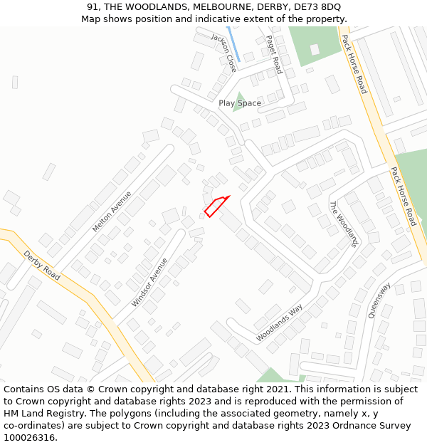 91, THE WOODLANDS, MELBOURNE, DERBY, DE73 8DQ: Location map and indicative extent of plot