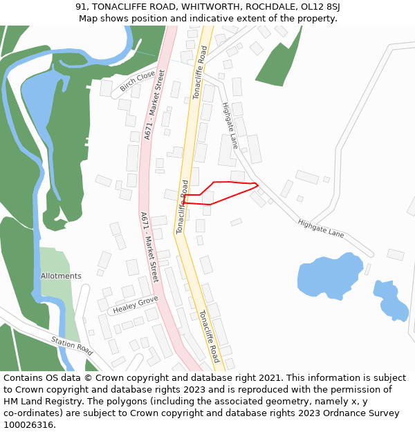 91, TONACLIFFE ROAD, WHITWORTH, ROCHDALE, OL12 8SJ: Location map and indicative extent of plot