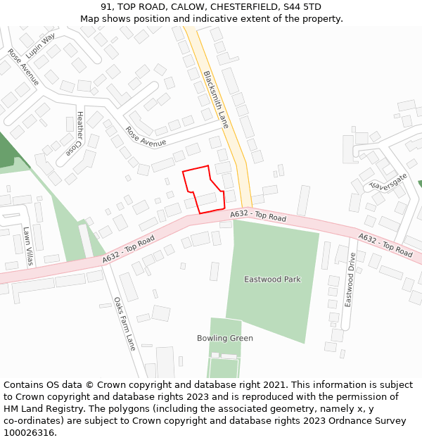 91, TOP ROAD, CALOW, CHESTERFIELD, S44 5TD: Location map and indicative extent of plot