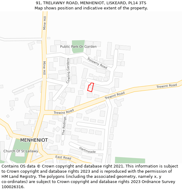 91, TRELAWNY ROAD, MENHENIOT, LISKEARD, PL14 3TS: Location map and indicative extent of plot