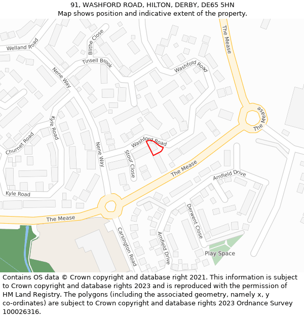 91, WASHFORD ROAD, HILTON, DERBY, DE65 5HN: Location map and indicative extent of plot