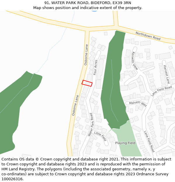 91, WATER PARK ROAD, BIDEFORD, EX39 3RN: Location map and indicative extent of plot