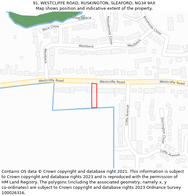 91, WESTCLIFFE ROAD, RUSKINGTON, SLEAFORD, NG34 9AX: Location map and indicative extent of plot
