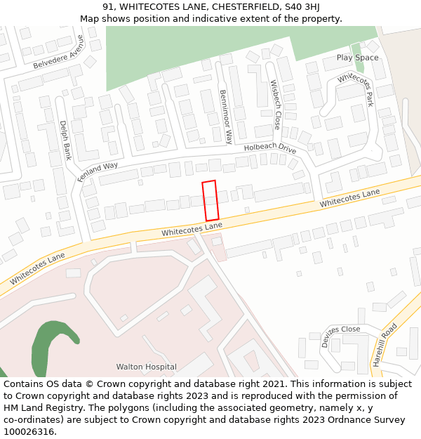 91, WHITECOTES LANE, CHESTERFIELD, S40 3HJ: Location map and indicative extent of plot