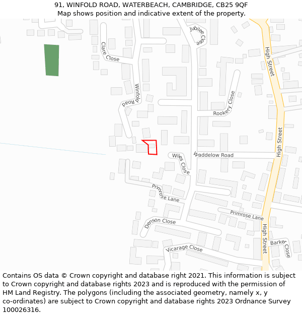 91, WINFOLD ROAD, WATERBEACH, CAMBRIDGE, CB25 9QF: Location map and indicative extent of plot