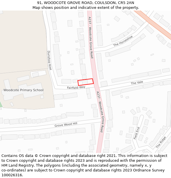 91, WOODCOTE GROVE ROAD, COULSDON, CR5 2AN: Location map and indicative extent of plot