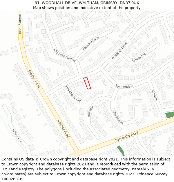 91, WOODHALL DRIVE, WALTHAM, GRIMSBY, DN37 0UX: Location map and indicative extent of plot