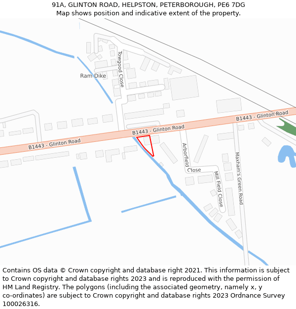91A, GLINTON ROAD, HELPSTON, PETERBOROUGH, PE6 7DG: Location map and indicative extent of plot