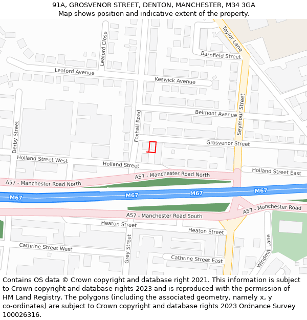 91A, GROSVENOR STREET, DENTON, MANCHESTER, M34 3GA: Location map and indicative extent of plot