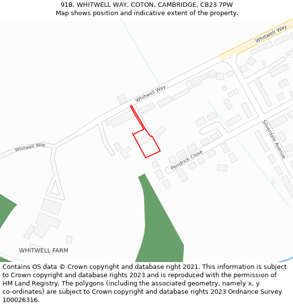 91B, WHITWELL WAY, COTON, CAMBRIDGE, CB23 7PW: Location map and indicative extent of plot