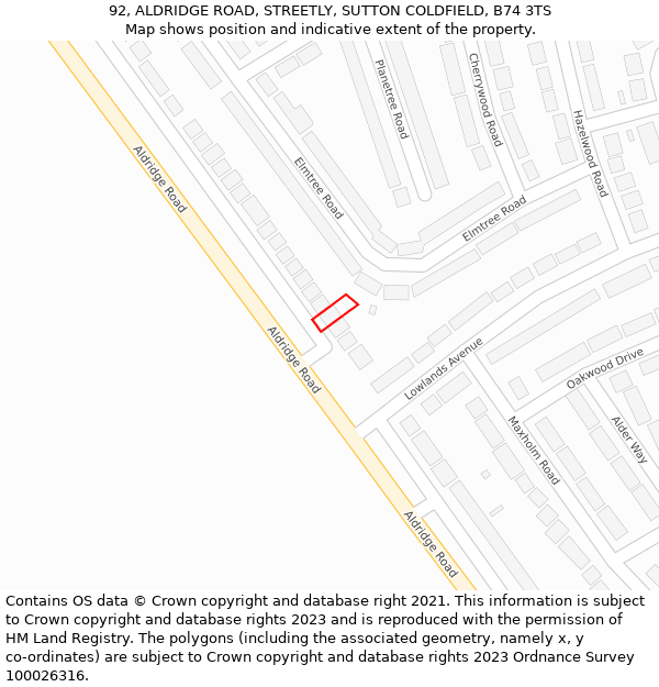 92, ALDRIDGE ROAD, STREETLY, SUTTON COLDFIELD, B74 3TS: Location map and indicative extent of plot
