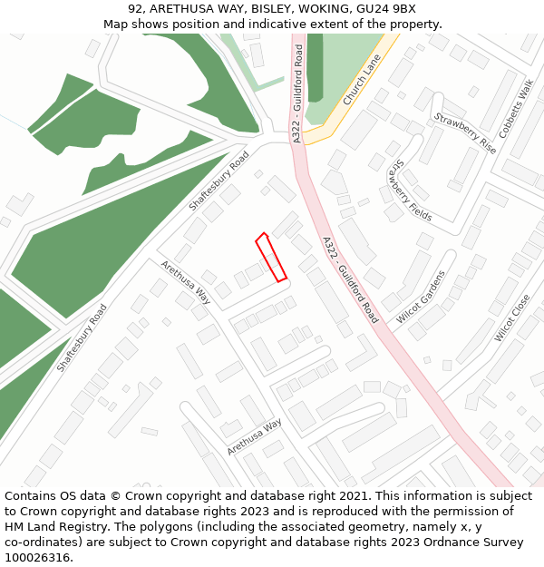 92, ARETHUSA WAY, BISLEY, WOKING, GU24 9BX: Location map and indicative extent of plot