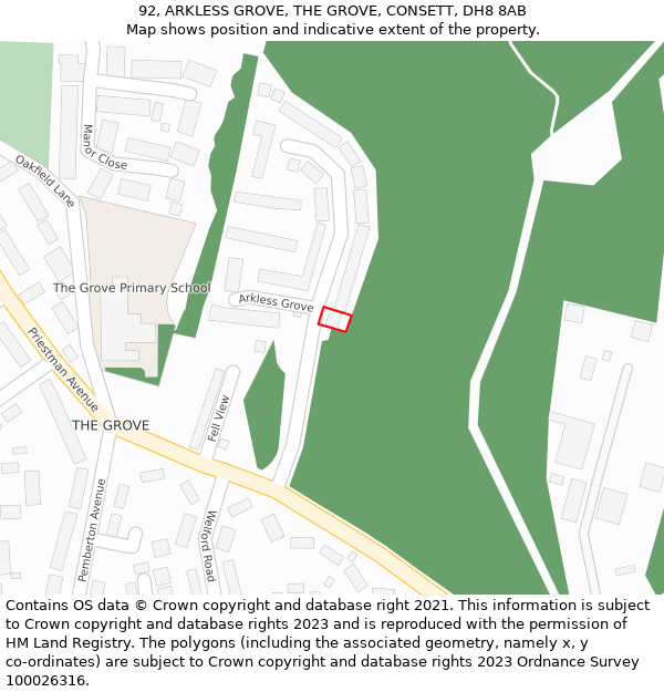 92, ARKLESS GROVE, THE GROVE, CONSETT, DH8 8AB: Location map and indicative extent of plot