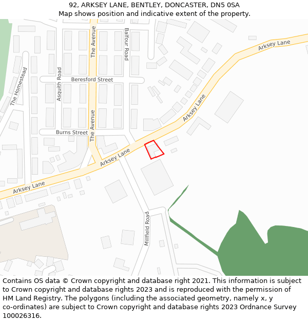 92, ARKSEY LANE, BENTLEY, DONCASTER, DN5 0SA: Location map and indicative extent of plot