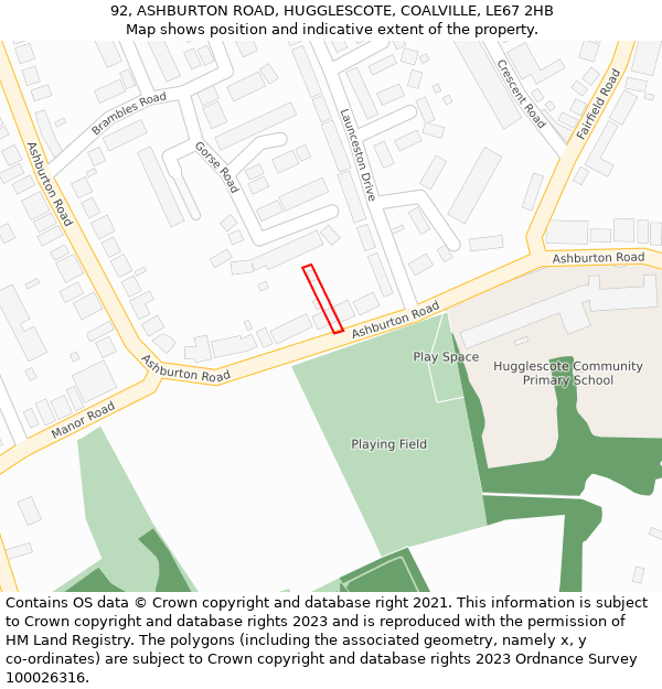 92, ASHBURTON ROAD, HUGGLESCOTE, COALVILLE, LE67 2HB: Location map and indicative extent of plot