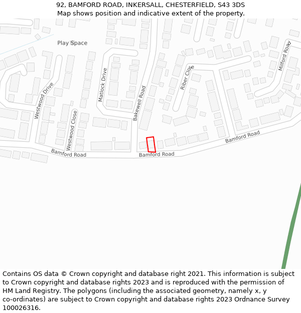 92, BAMFORD ROAD, INKERSALL, CHESTERFIELD, S43 3DS: Location map and indicative extent of plot