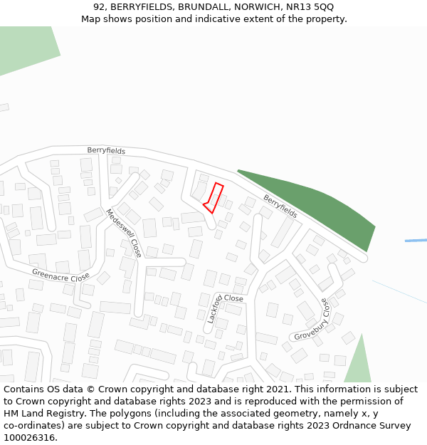 92, BERRYFIELDS, BRUNDALL, NORWICH, NR13 5QQ: Location map and indicative extent of plot