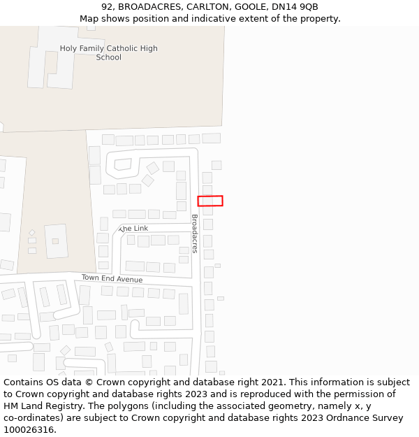 92, BROADACRES, CARLTON, GOOLE, DN14 9QB: Location map and indicative extent of plot